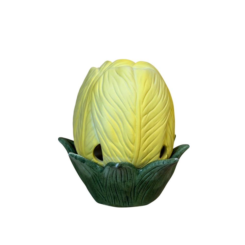 Yellow Ceramic Tulip‎ Votive Candle Holder Two Piece Green Leaf Base Vintage